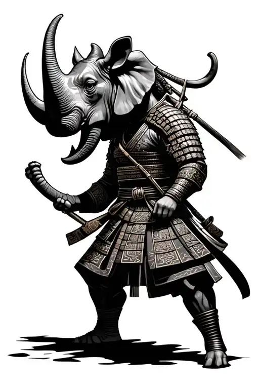 samurai with a rhinoceros head with a samurai with an elephant head tattoo design idea