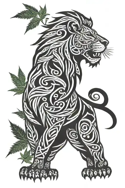 lion with marijuana leaves tattoo design idea