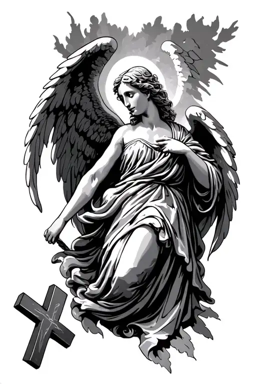 angel holding cross tattoo design idea