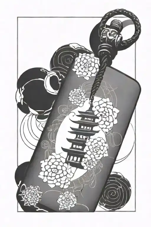 the tip of a pagoda exiting perspective from one single rectangual japanese blank omamori charm tattoo design idea