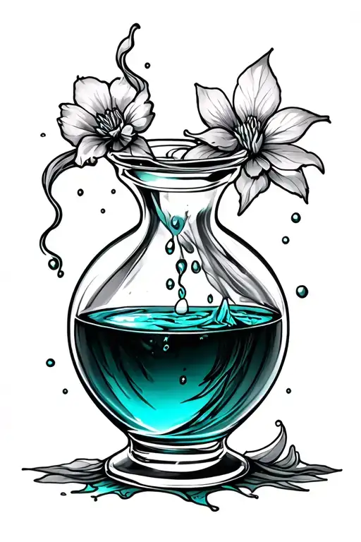 Create the image of an elixir of life, in a glass bottle the liquid inside is a darker cyan the bottle surrounded by r tattoo design idea