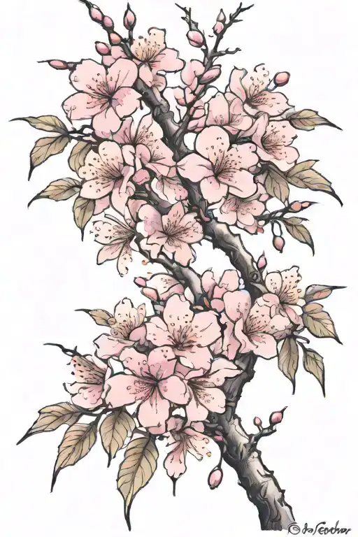 lightning bolt as the branch of the cherry blossom tree with pink flowers growing off of the lighting  tattoo design idea