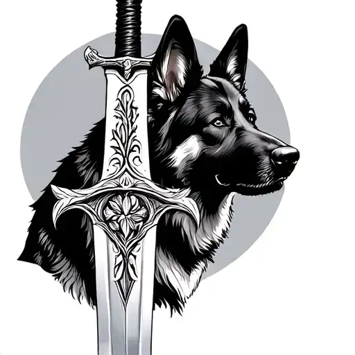 A sword intertwined with a German shepherd silhouette tattoo design idea