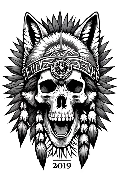 Native American skull to flow with a wolf howling with Roman numerals at the bottom with the date 2019 tattoo design idea