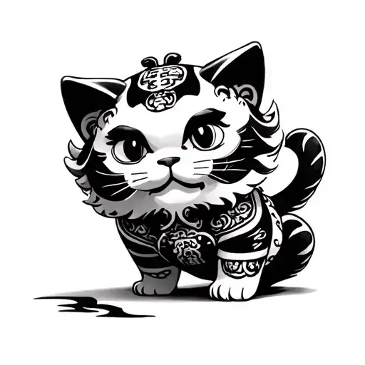japanse lucky cat cover with lion dancing chinese costume tattoo design idea