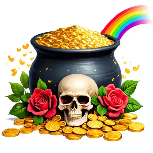 pot of gold coins with skulls and roses and rainbow  tattoo design idea