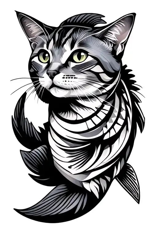 gray tabby cat fish tattoo design idea