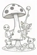 Coraline with button eyes rolling dice with oogie boogie and chesire cat under a mushroom tattoo design idea