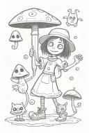 Coraline with button eyes rolling dice with oogie boogie and chesire cat under a mushroom tattoo design idea
