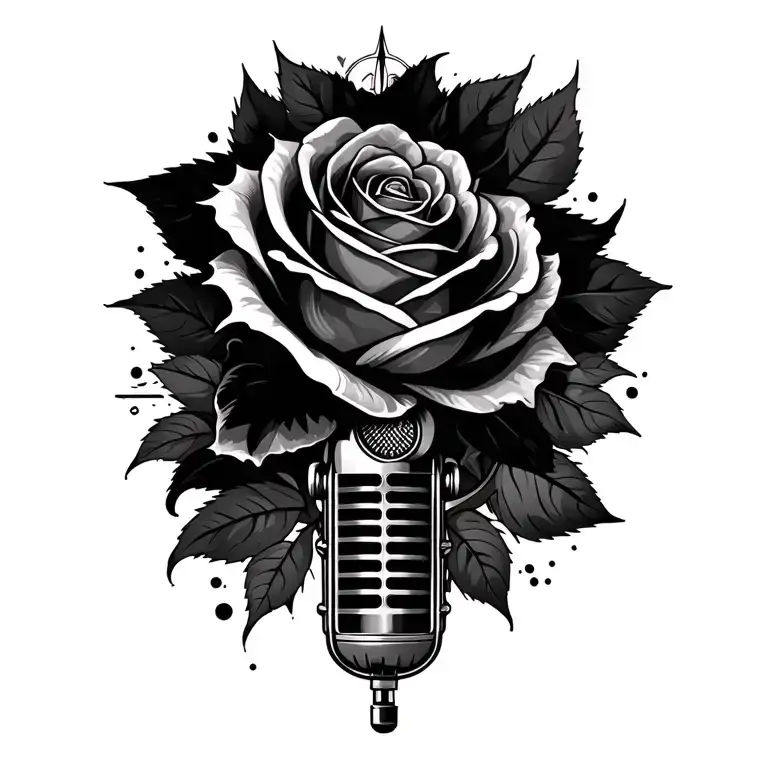 roses 1950s microphone intertwined and abstract compass tattoo design idea