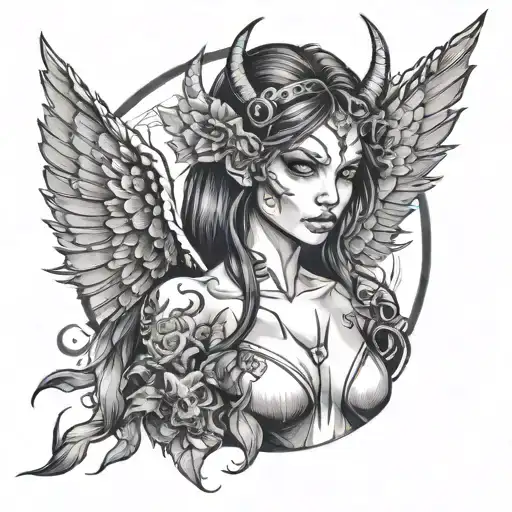 Armtatto with a Succubus with glowing eyes. Her wings are made of fire and shadow. she uses doll threads to control us tattoo design idea