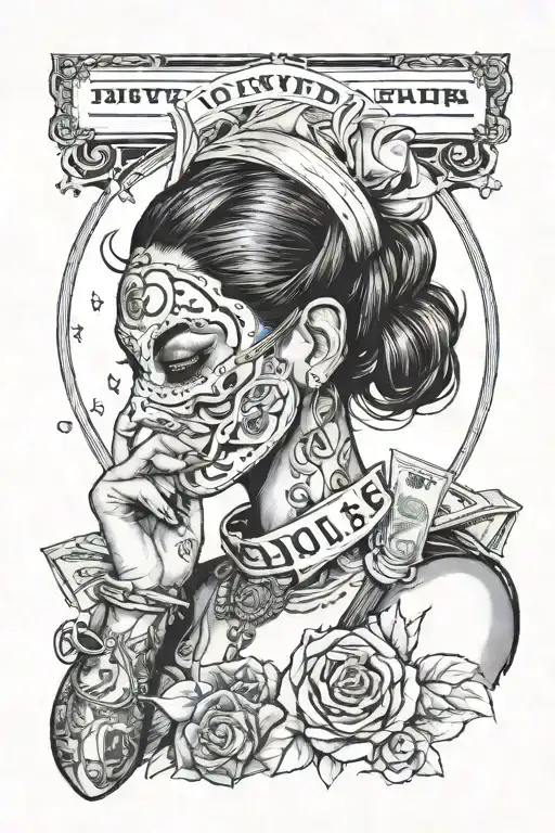 A girl in a mask, wearing a top, holding a wad of dollars in her hand to her ear, with the inscription Just looking at the world below. tattoo design idea