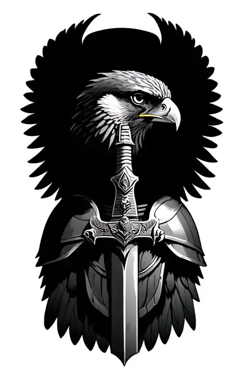 Egyptian god Gorscin's head of a falcon in armor with a sword tattoo design idea