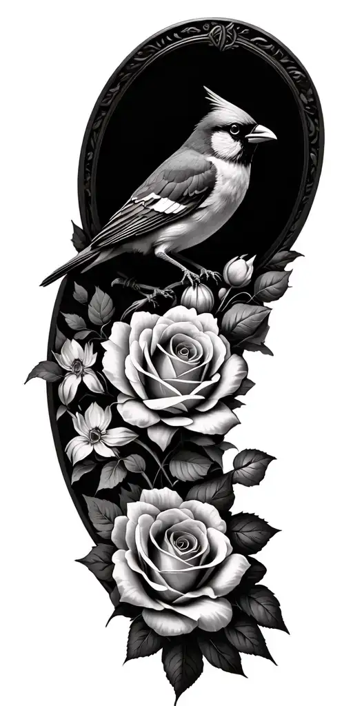 A tattoo sleeve of vine of flowers including tulips and roses with a cardinal sitting on top of a picture of someone. At tattoo design idea