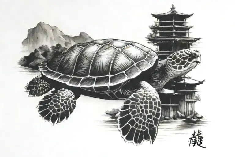realistic looking sea turtle facing left in front of Miyajima torii tattoo design idea