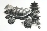 realistic looking sea turtle facing left in front of Miyajima torii tattoo design idea
