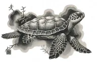 realistic looking sea turtle facing left in front of Miyajima torii tattoo design idea