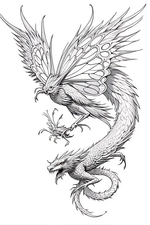 Butterfly and Compas with big Phoenix and dragon rising tattoo design idea