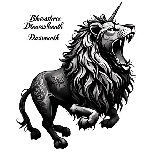 "Bhavashree Dashwanth" unicorn and lion roaring tattoo design idea