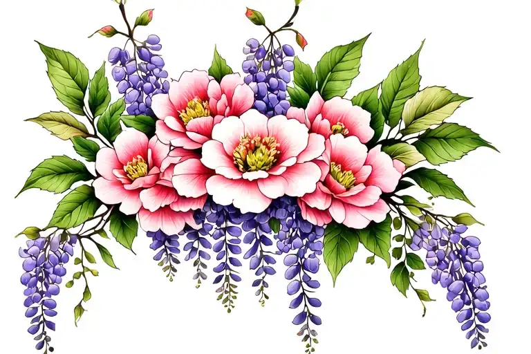 upper thigh and stomach tattoo with japanese sakura flowers, japanese wisteria, japanese wisteria, japanese peony, rose tattoo design idea