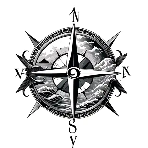 compass tattoo with a small M letter in the middle of compass, and one long arrow, plus Pyramid and Ocean Wave. tattoo design idea