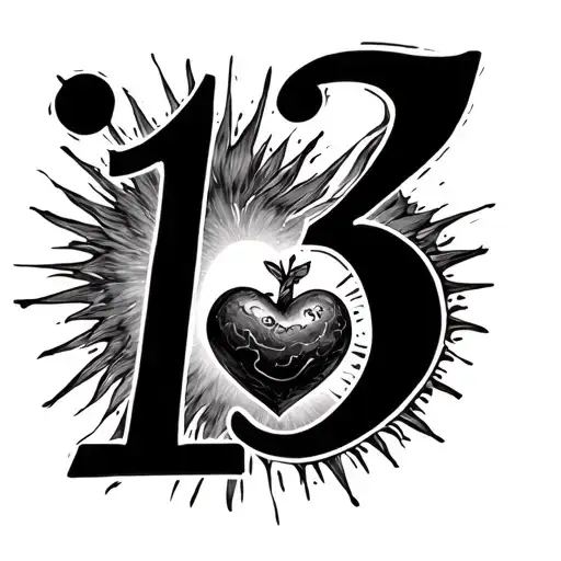 number 13 in aesthetic cursive font over shadowing a fine line sun and exploding heart tattoo design idea