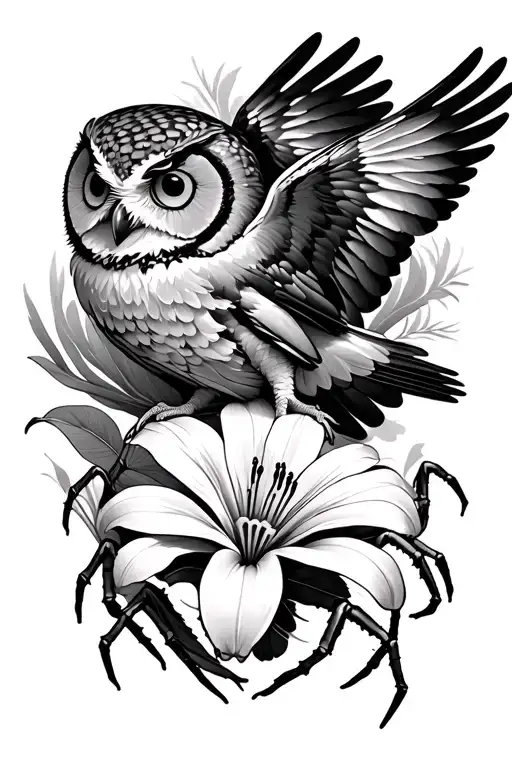 spider Lilly with owl flying tattoo design idea