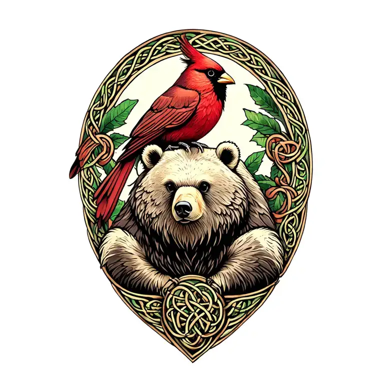 celtic bear with cardinal sitting on shoulder tattoo design idea