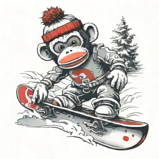 sock monkey snowboarding tattoo design idea