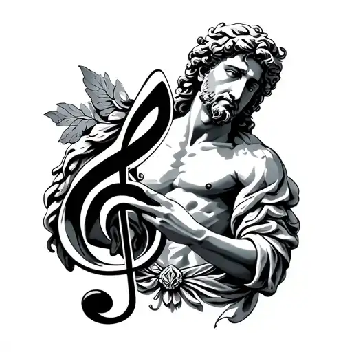 Apollo the Greek God of music holding a music treble clef tattoo design idea