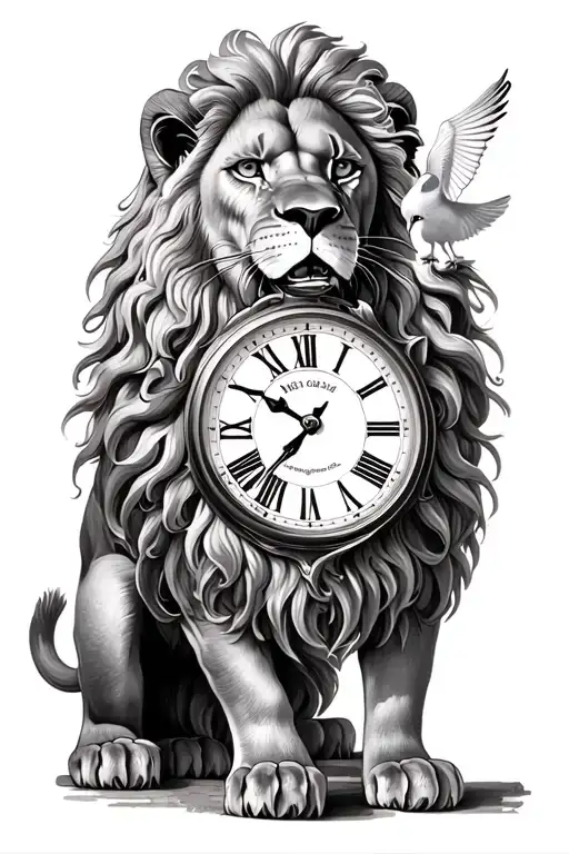 Lion with a clock showing 2:05 p.m. and a dove tattoo design idea