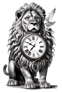 Lion with a clock showing 2:05 p.m. and a dove tattoo design idea