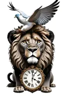 Lion with a clock showing 2:05 p.m. and a dove tattoo design idea