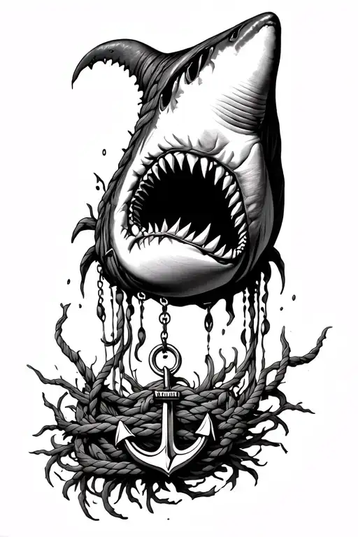 Open shark jaw with rop and seaweed wraped around it, the rop dangles down with an anchor attached to the bottom  tattoo design idea
