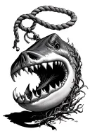 Open shark jaw with rop and seaweed wraped around it, the rop dangles down with an anchor attached to the bottom  tattoo design idea