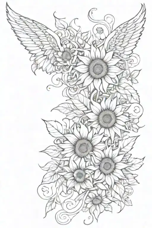 sunflower vine and angel wings tattoo design idea