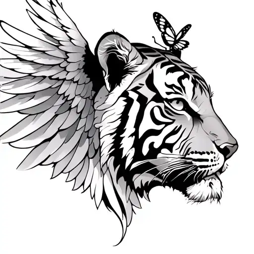 Tiger face sideways with long angel wings growing out of them, and a butterfly sitting atop of the tigers ear. tattoo design idea
