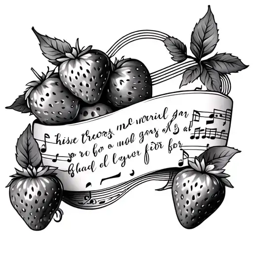 make a memorial tattoo that features bluegrass music notes, strawberries and a memorial for a veteran tattoo design idea