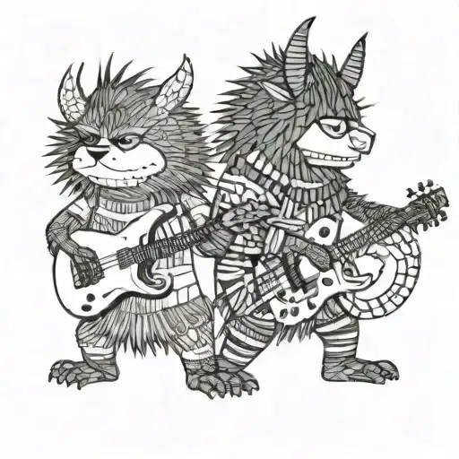 Characters from the book “where the wild things are” dancing in a line with guitars playing music tattoo design idea