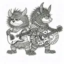Characters from the book “where the wild things are” dancing in a line with guitars playing music tattoo design idea
