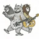 Characters from the book “where the wild things are” dancing in a line with guitars playing music tattoo design idea