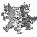 Characters from the book “where the wild things are” dancing in a line with guitars playing music tattoo design idea