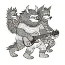 Characters from the book “where the wild things are” dancing in a line with guitars playing music tattoo design idea