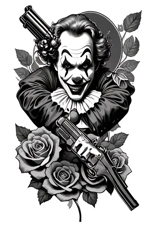 full arm sleeve tattoo with clowns holding gun, and roses on it tattoo design idea
