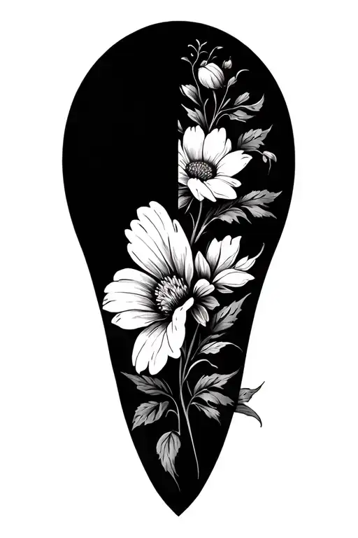A flower on a black molet and the same flower on the other calf with black contours in negative of the other tattoo design idea