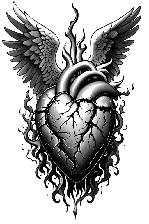  burnin broken heart that got stitched up in the center, surrounded by an angel and a demon tattoo design idea