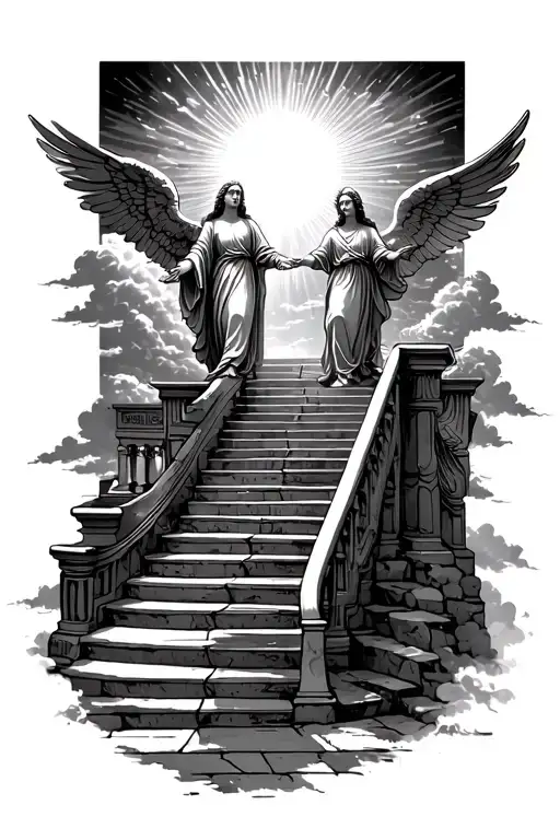 stairway to heaven walking up stairs angels sun rays clouds heaven gate at the top of the stairs  tattoo design idea