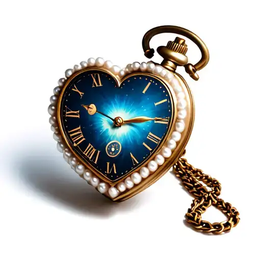 A heart-shaped pocket watch with a white pearl border, pointing to midnight. tattoo design idea