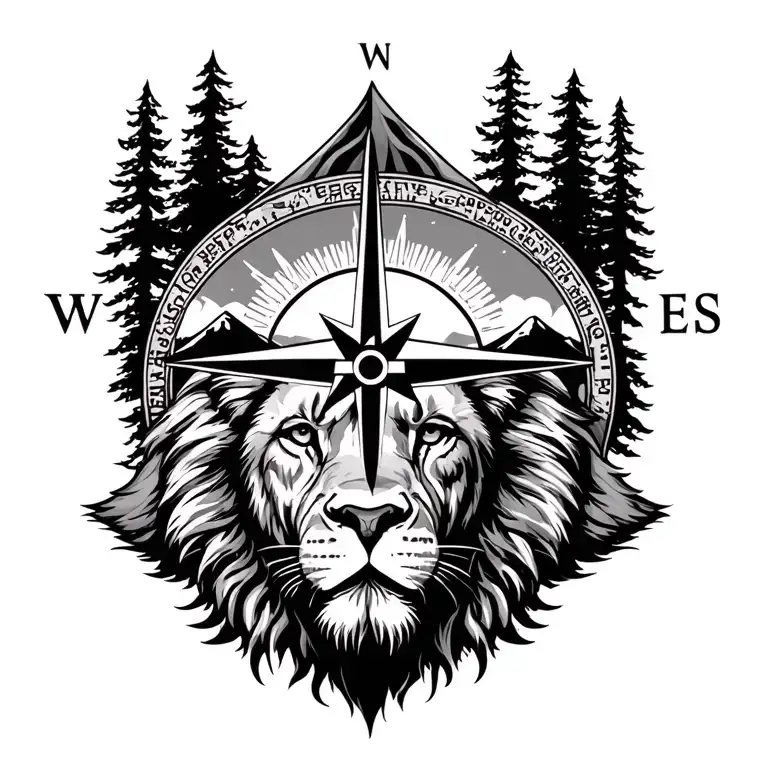 change the compass rose. add mountains behind the trees. add lion with christan cross on head tattoo design idea