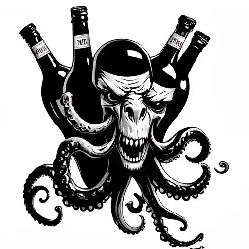 angry face of kraken taking three bottles of rhum with birthdate of childs inside  tattoo design idea
